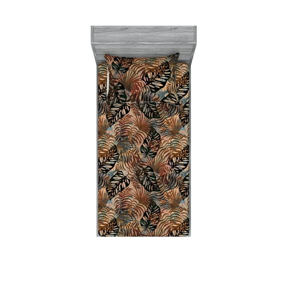 Tropical Fitted Sheet & Pillow Sham Set, Simple Design Modern Silhouettes of Exotic Leaves Pattern Aloha Print, Decorative Printed 2 Piece Bedding Decor, Twinxl, Cinnamon and Warm Taupe, by Ambesonne