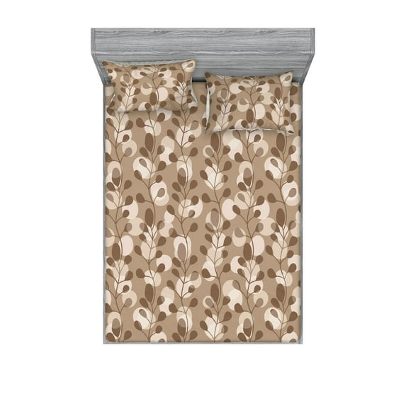 Tropical Fitted Sheet & Pillow Sham Set, Simple Modern Vertical Leaves Pattern with Spots Neutral Colors Boho, Decorative Printed 3 Piece Bedding Decor, Full, Dark Mustard Eggshell, by Ambesonne