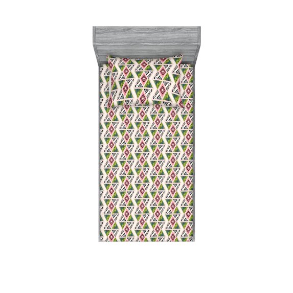 Tropical Fitted Sheet & Pillow Sham Set, Triangles of Leaves Stripes Diamond Shapes Geometric Modern Style, Decorative Printed 2 Piece Bedding Decor, Twin, Pastel Pink Green and Teal, by Ambesonne