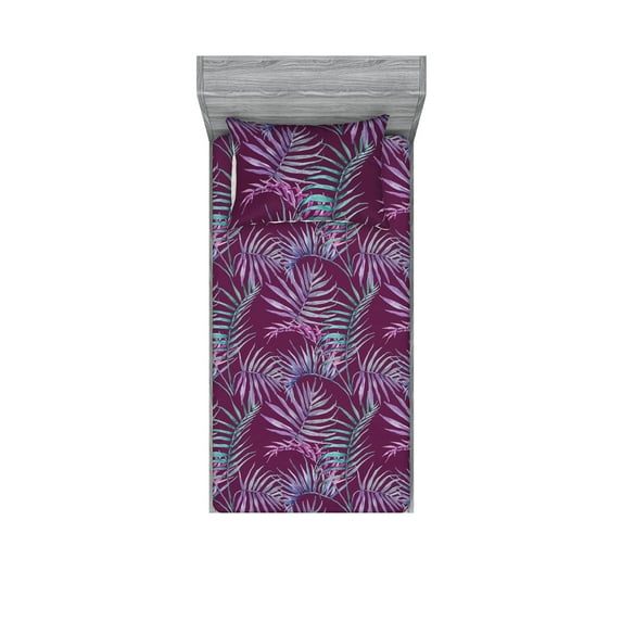Tropical Fitted Sheet & Pillow Sham Set, Vintage Style Watercolor Exotic Palm Leaves Hand-Drawn Ornament, Decorative Printed 2 Piece Bedding Decor, Twin, Cadet Blue and Pale Purple, by Ambesonne