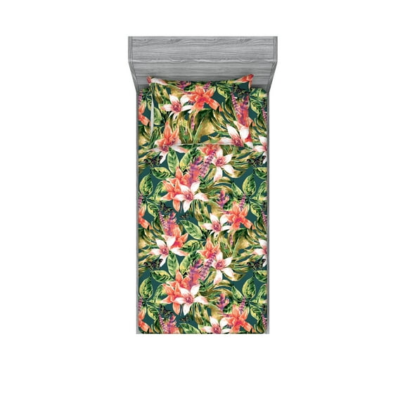 Tropical Fitted Sheet & Pillow Sham Set, Watercolor Design Exotics Hawaii Vibes Monstera Palm Leaves Pattern Art, Decorative Printed 2 Piece Bedding Decor, Twin, Dark Coral Fern Green, by Ambesonne