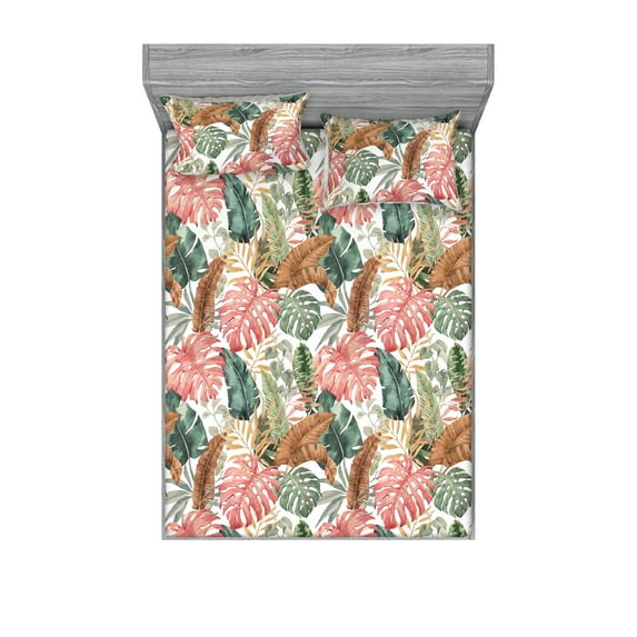 Tropical Fitted Sheet & Pillow Sham Set, Watercolor Style Monstera Palm Banana Leaves Plain Back Fashion Art, Decorative Printed 3 Piece Bedding Decor, Queen, Blush Coral and Caramel, by Ambesonne
