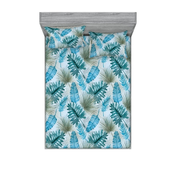 Tropical Fitted Sheet & Pillow Sham Set, Watercolor Style Repetitive Pattern of Exotic Hand-Drawn Leaves Art, Decorative Printed 3 Piece Bedding Decor, Calking, Blue Grey Reseda Green, by Ambesonne