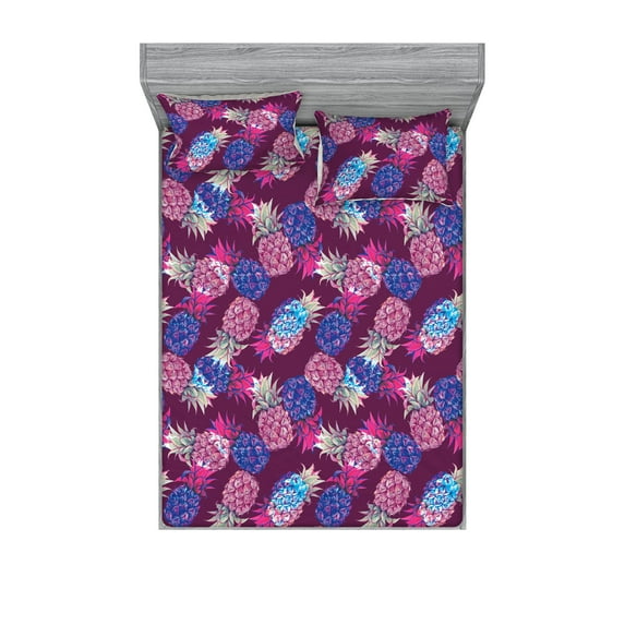 Tropical Fitted Sheet & Pillow Sham Set, Watercolor Style Repetitive Pattern of Pineapples Vintage Ornament, Decorative Printed 3 Piece Bedding Decor, King, Dark Magenta Pale Green, by Ambesonne