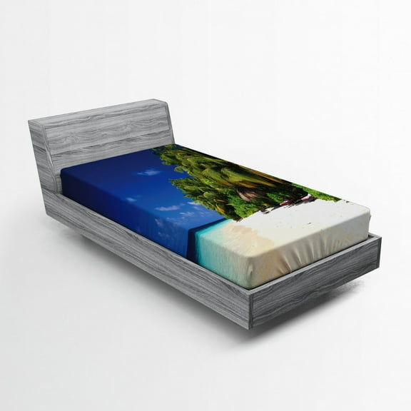 Ambesonne Beach Fitted Sheet, Sandy Coastline Surreal, Twin XL Size, Lime Green Blue Cream