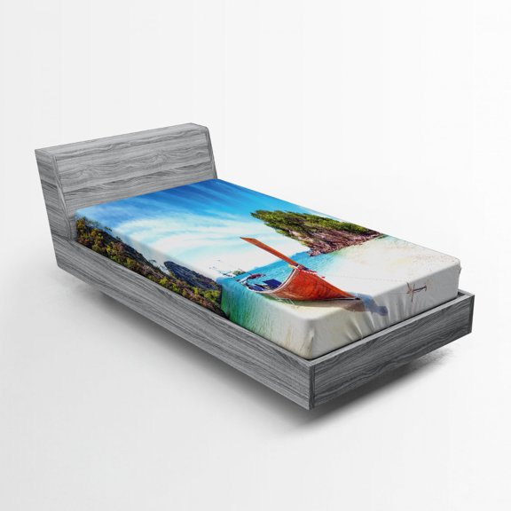 Ambesonne Tropical Fitted Sheet, Exotic Beach Thailand, Twin Size, Fern Green Blue Cream