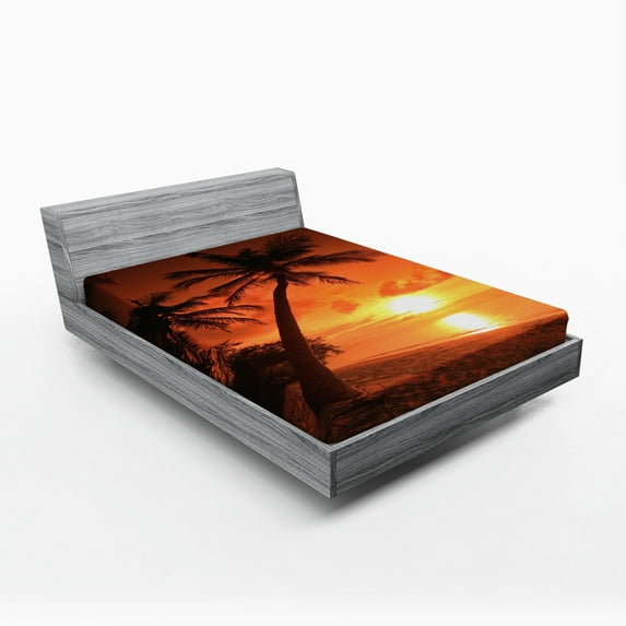 Tropical Fitted Sheet, Twilight Dusk at Sandy Beach with Coconut Palms Maldives Summer Panorama, Soft Decorative Fabric Bedding, Full Size, Coral Orange Brown, by Ambesonne