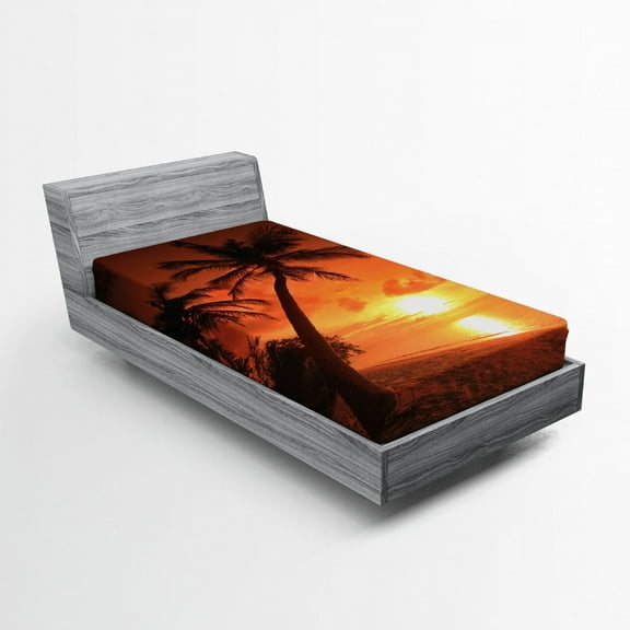 Tropical Fitted Sheet, Twilight Dusk at Sandy Beach with Coconut Palms Maldives Summer Panorama, Soft Decorative Fabric Bedding, Twin Size, Coral Orange Brown, by Ambesonne