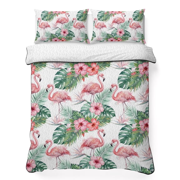 Tropical Flamingo 3 Piece Quilt Bedding Set with 2 Pillow Shams, Pink Floral Leaves Green Summer Botanical Lightweight Bedspread Coverlet, Soft Breathable All Season Quilt, 90 x 96 Inch
