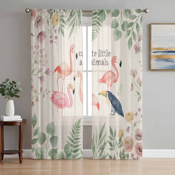 Tropical Flamingo Animal Sheer Curtains 84 Inch Length 2 Panels Set, Wildflowers Leaves Botanical Beige Voile Window Treatment Curtains Sheers Drapes for Bedroom/Living Room/Kitchen 52"x84"x2
