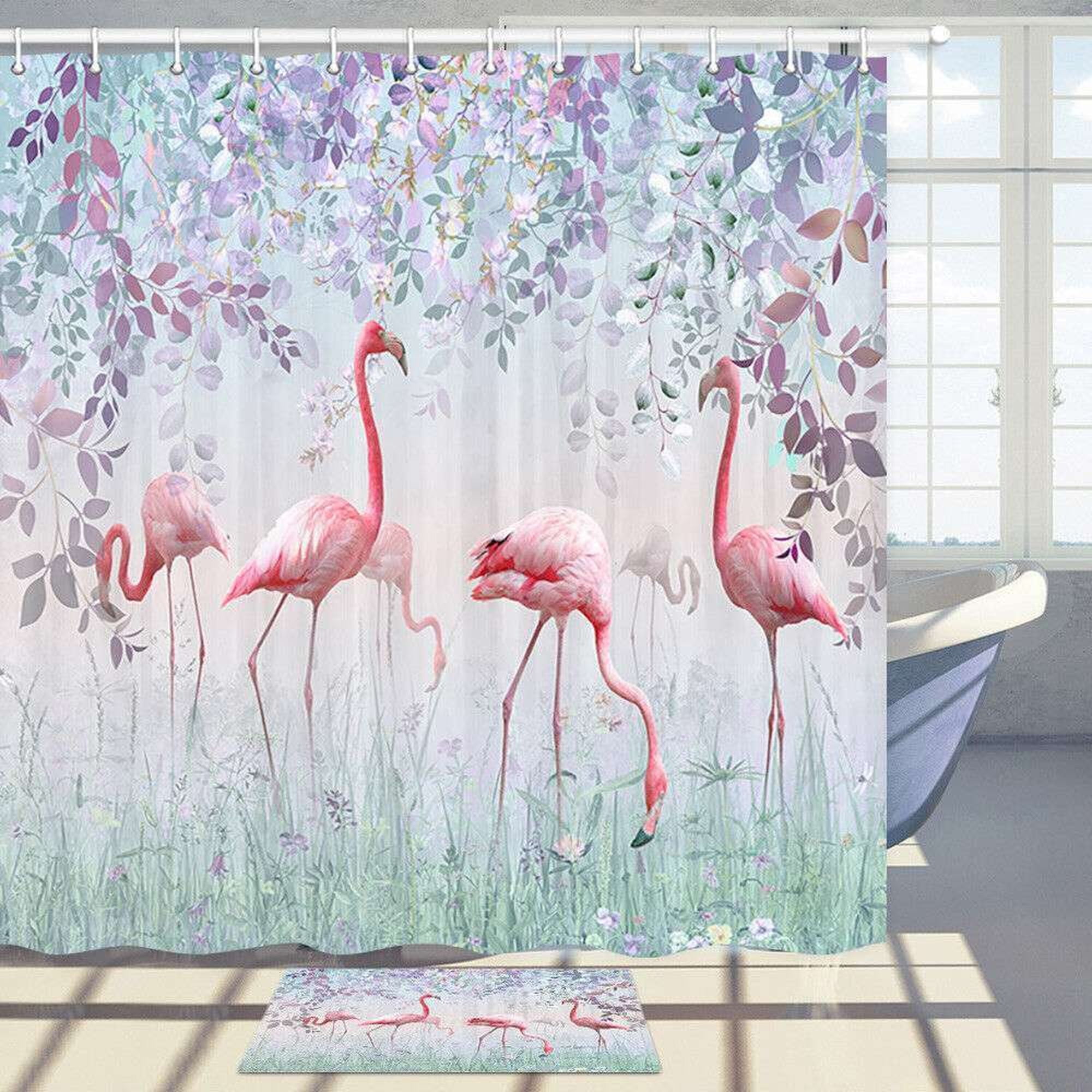 Tropical Flamingo Bathroom Decor Set with Pink Green Leaves Shower