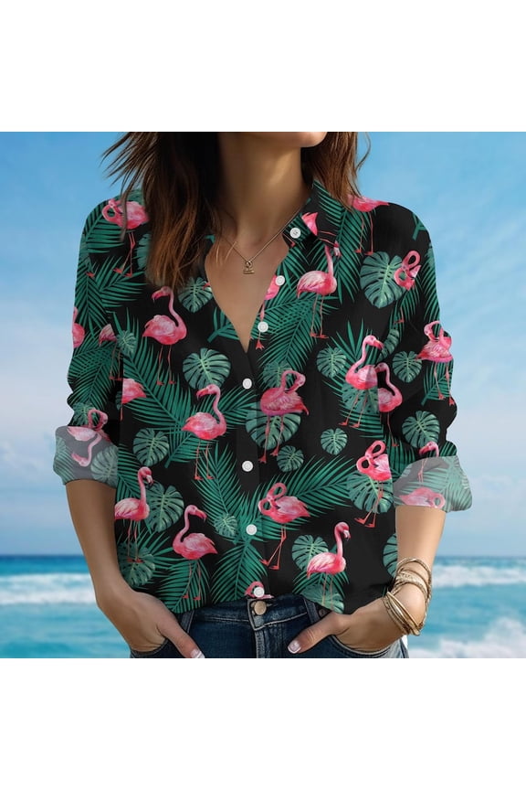 Tropical Flamingo Blouse Shirt For Women, Tropical Bird Print Beach Shirt,Cute Summer Shirt, Gift For Her, Button Up Shirt, Blouses Tops Women