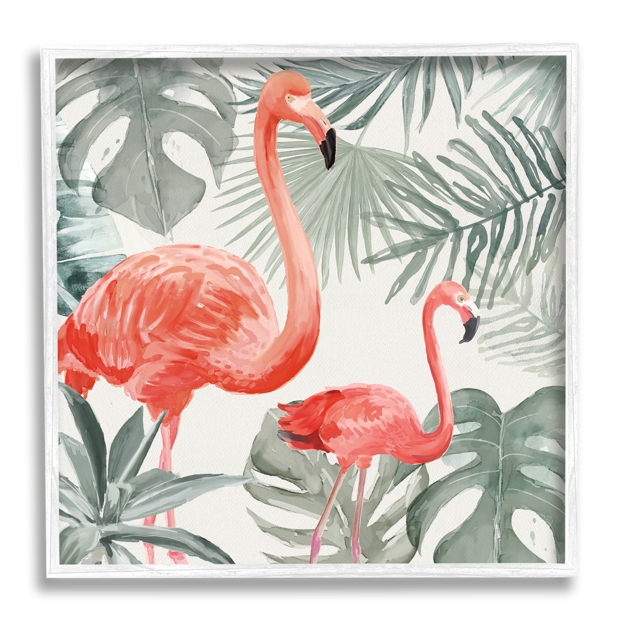 Tropical Flamingo Family Pink Birds Monstera Palm Leaves Animals & Insects Painting Framed Art Print Wall Art