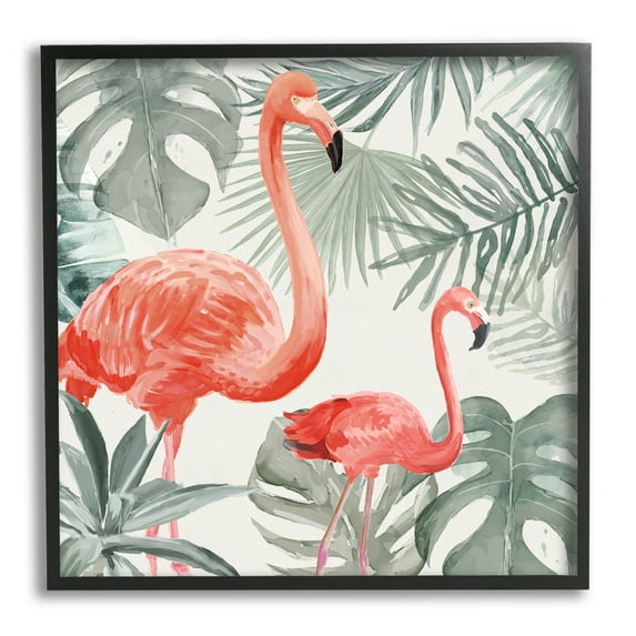 Tropical Flamingo Family Pink Birds Monstera Palm Leaves Animals & Insects Painting Framed Art Print Wall Art