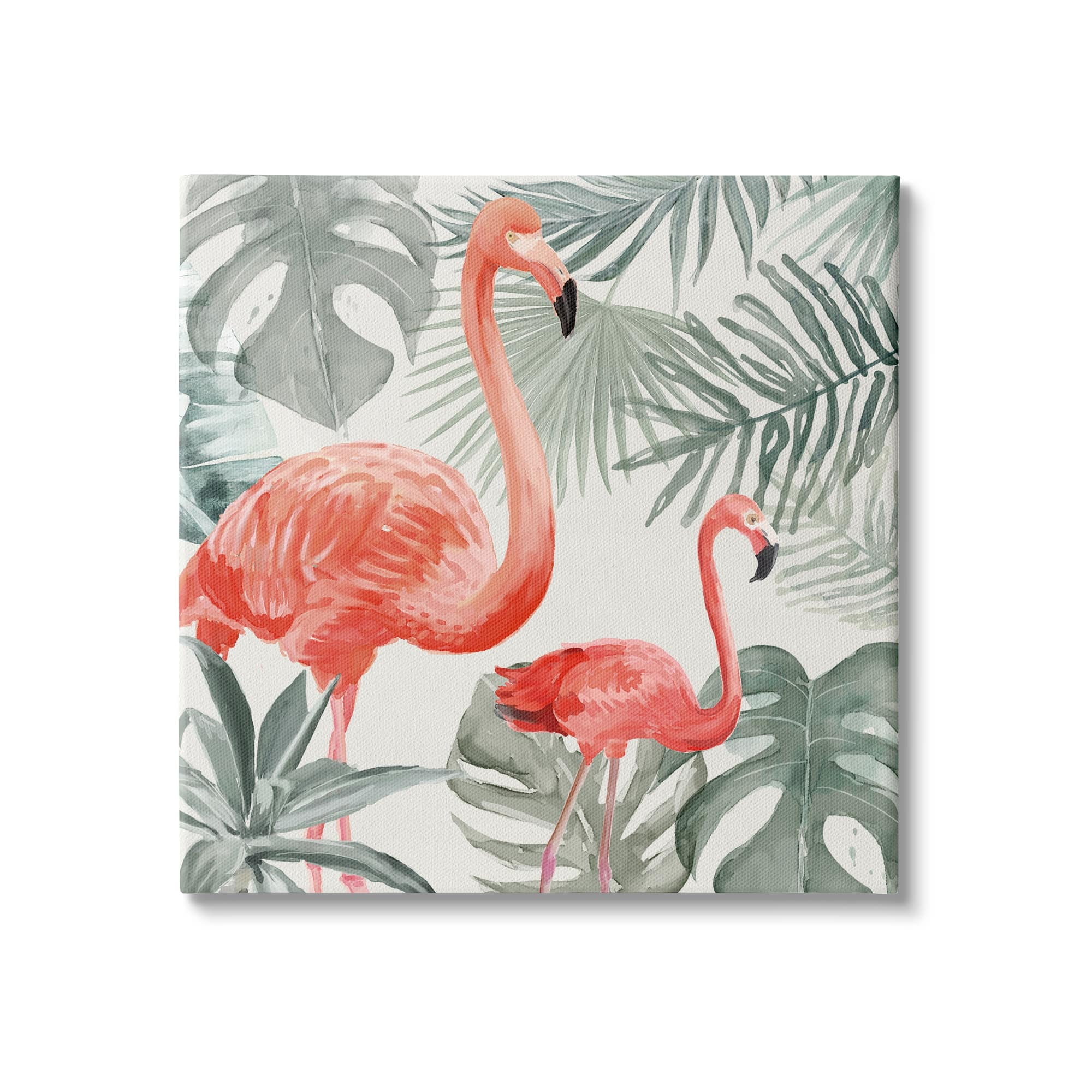 Tropical Flamingo Family Pink Birds Monstera Palm Leaves Animals & Insects Painting Gallery-Wrapped Canvas Print Wall Art