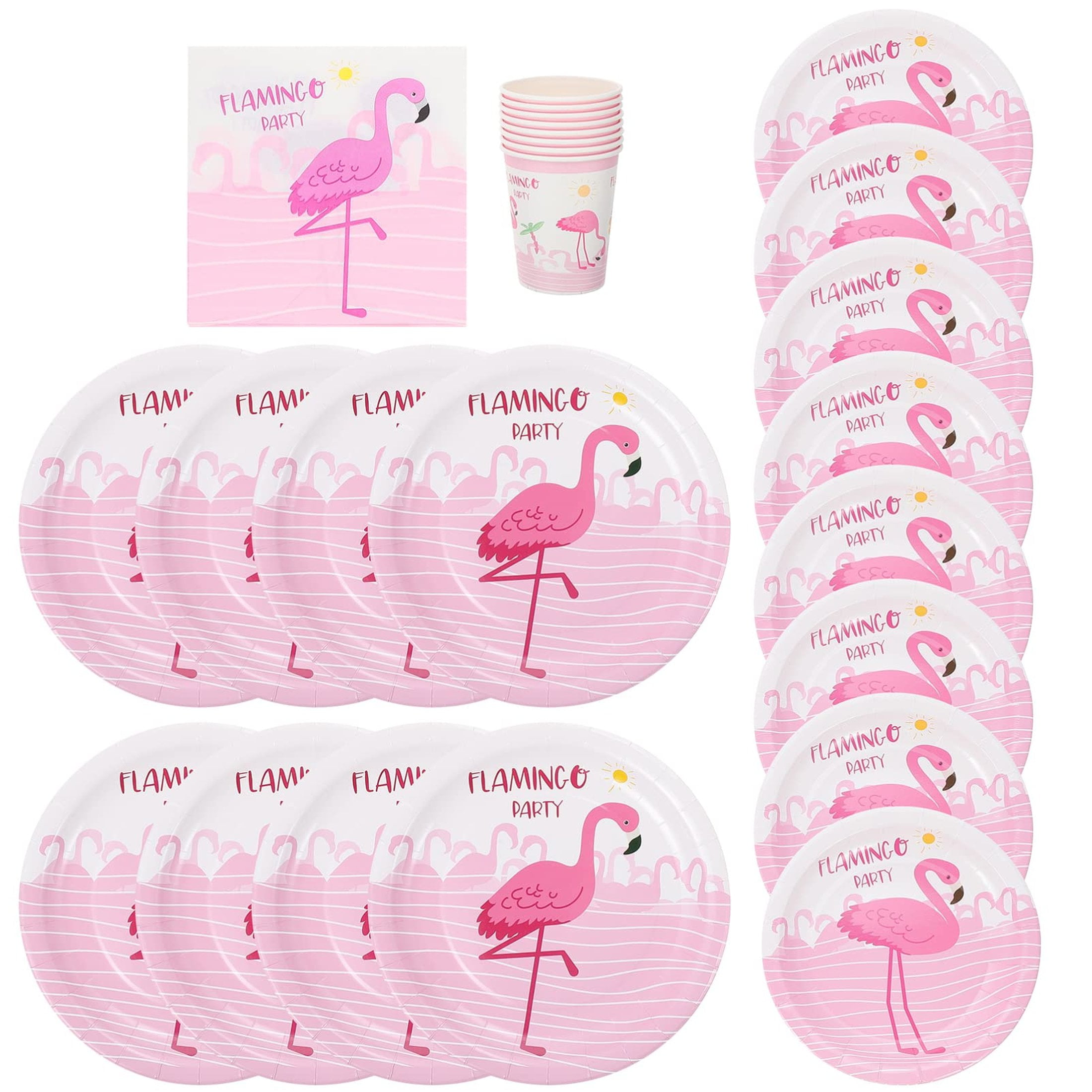 Tropical Flamingo Fiesta Tableware Set - 9 Paper Plates, 7 Cups, and Napkins for Vibrant Summer Luau Celebrations, Perfect for Hawaiian Birthday Parties and Gatherings.