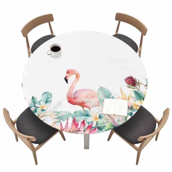 Tropical Flamingo Fitted Tablecloth with Elastic Edged, Round Table Cloth for Dining Table, Botanical Summer Watercolor Flower Plant Waterproof Oil Proof Table Cover for Indoor Outdoor 36"-44"