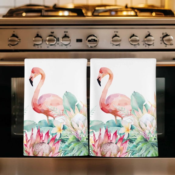 Tropical Flamingo Kitchen Towels Set of 1, Botanical Summer Watercolor Flower Plant Absorbent Dish Towels for Kitchen, Microfiber Hand Towel, Quick Drying Tea Towel for Cleaning Decorative Dishcloths