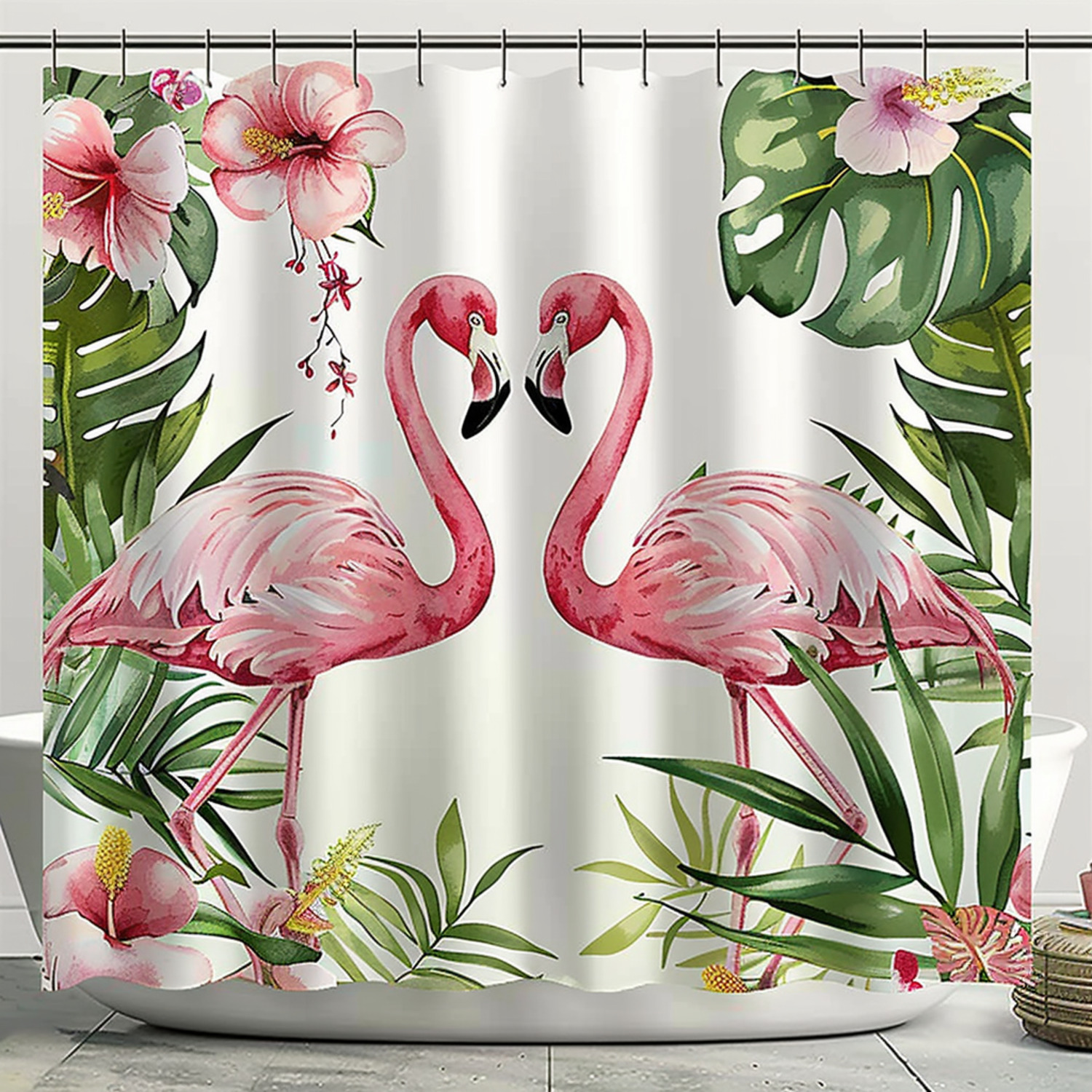 Tropical Flamingo Love Shower Curtain Jungle Pink Flamingos Bathroom