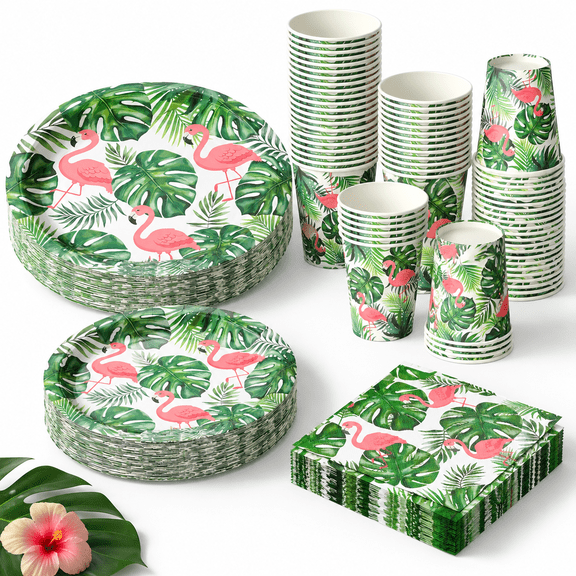 Tropical Flamingo Luau Party Supplies Set, Serves 50 Guests, Disposable Paper Dinnerware