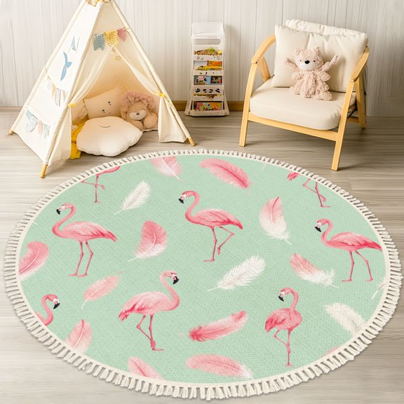 Tropical Flamingo Nursery Rug 4ft, Pink Flamingo Feather Soft Mint Green Tropical Washable Non-Slip Carpet Playmat for Girls Women Bedroom Preschool Classroom Decor