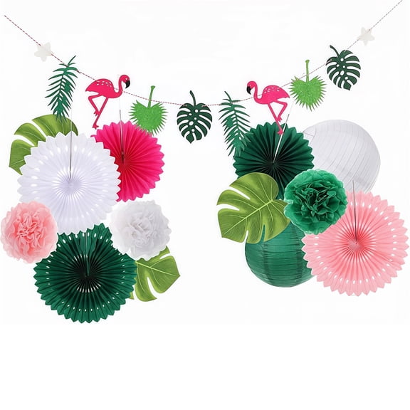 Tropical Flamingo Palm Leaf Party Banner with Paper Fans, Paper Lanterns and Pom-Poms Perfect for Bachelorette Parties and Birthday Celebrations