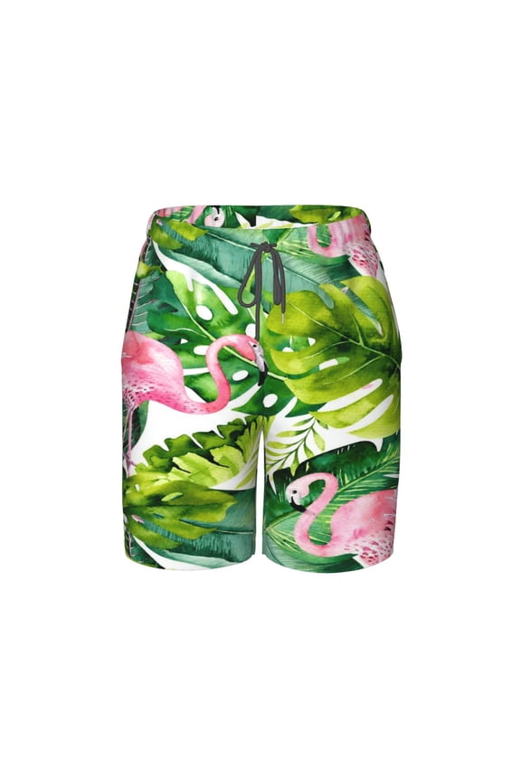 Tropical Flamingo Palm Leaves Beach Pants Lightweight Teen Shorts with Mesh Lining and Drawstring