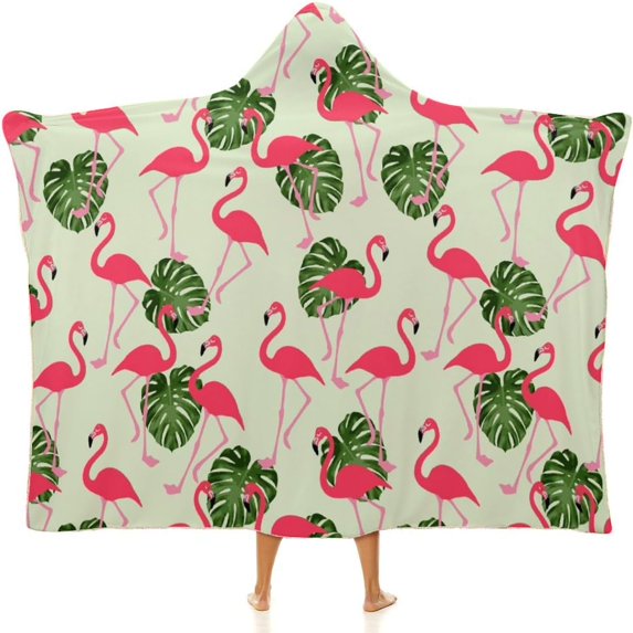 Tropical Flamingo Palm Leaves Hooded Blanket Wearable Cloak Hoodies Throw Cape Wrap Poncho for Bed Sofa and Lounge Chair