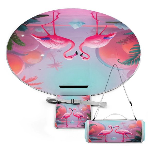 Tropical Flamingo Paradise(2)-1 Large Round Picnic Outdoor Blanket,Waterproof Foldable Blankets Picnic Mat for Beach, Camping