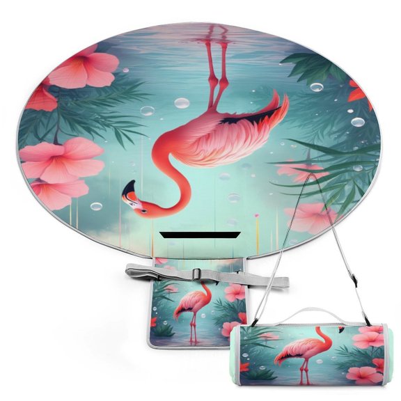 Tropical Flamingo Paradise-5 58" Round Waterproof Picnic Blanket - Foldable Outdoor Mat Extra Large, Durable for Grass, Beach Or Park