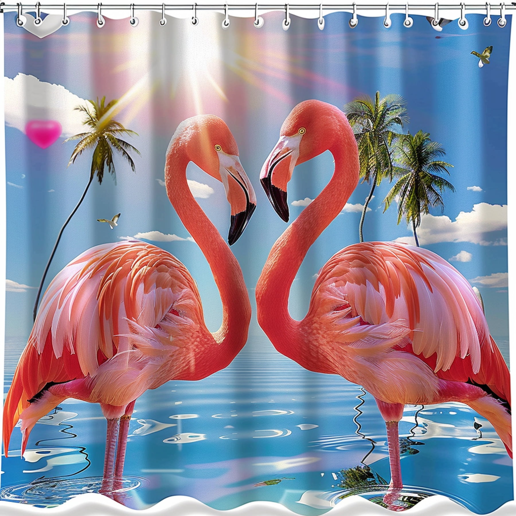 Tropical Flamingo Paradise Shower Curtain Pink Birds Palm Trees Blue