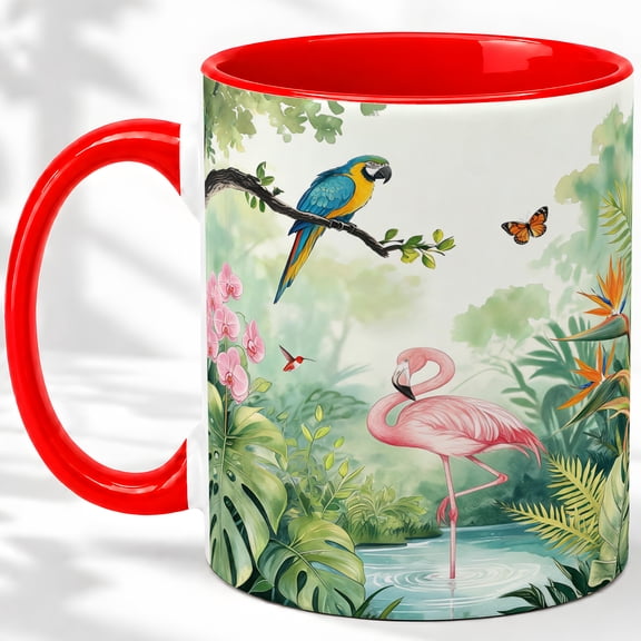 Tropical Flamingo Parrot Coffee Mug, Rainforest Birds Mug, Daily Coffee Tea Cup for Home Office, Pink Flamingo by Macaw and Hummingbird, Jungle Botanical Art, Bird Lovers Women Men