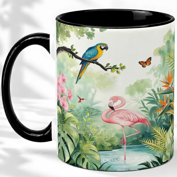 Tropical Flamingo Parrot Coffee Mug, Rainforest Birds Mug, Daily Coffee Tea Cup for Home Office, Pink Flamingo by Macaw and Hummingbird, Jungle Botanical Art, Bird Lovers Women Men