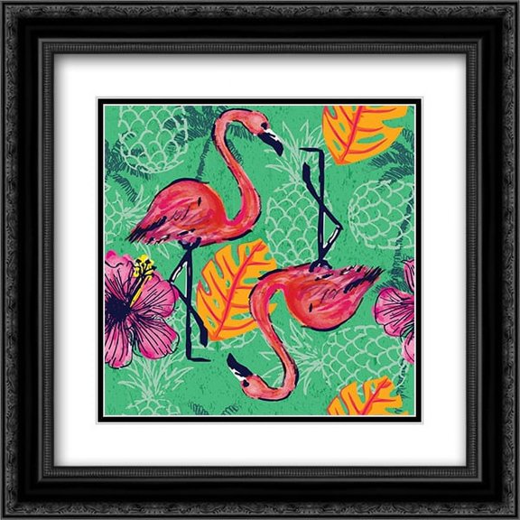 Tropical Flamingo Pattern 2x Matted 20x20 Black Ornate Framed Art Print by ND Art and Design