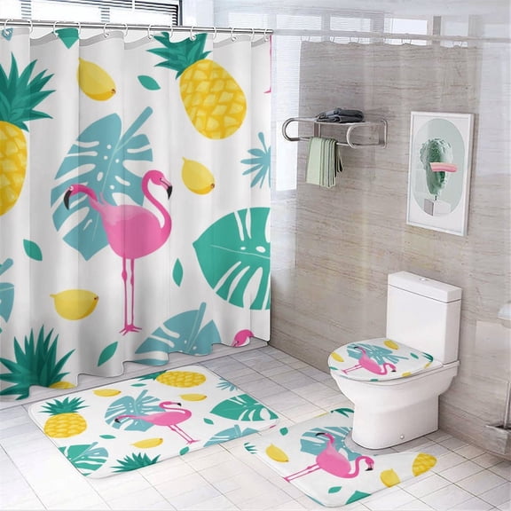 Tropical Flamingo Pineapple Pattern Shower Curtain Sets Non-Slip Rugs Bath Mat Toilet Cover U Shaped Mat 4 Pcs