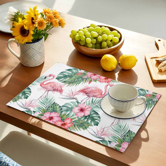Tropical Flamingo Placemats Set of 4, Pink Floral Leaves Green Summer Botanical Non-Slip Place Mats Washable Table Mats for Kitchen Dining Table Decorations Indoor/Outdoor