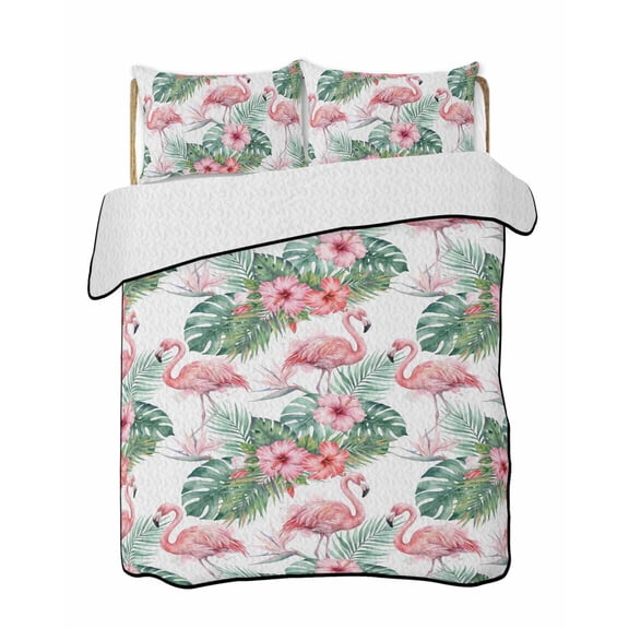 Tropical Flamingo Quilts Bedding Set Twin Size Pink Floral Leaves Green Summer Botanical Lightweight Quilted Bedspread 3 Piece Bed Quilt with 2 Pillow Shams All Season for Bedroom 68" x 86"