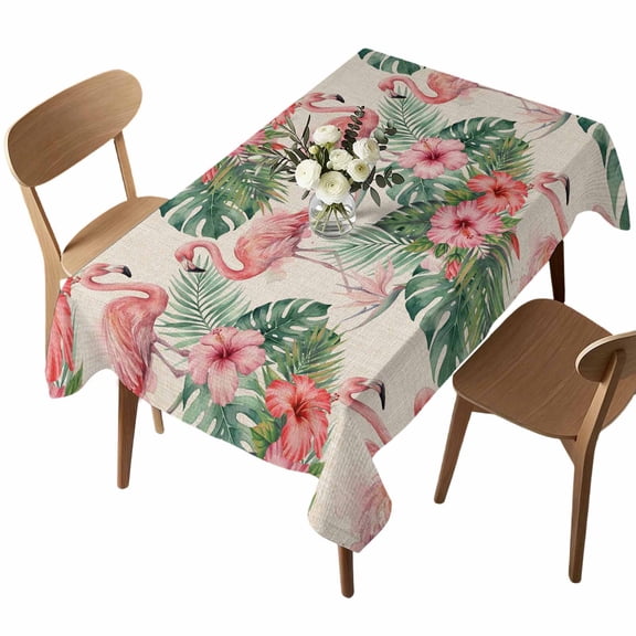 Tropical Flamingo Rectangle Tablecloth Pink Floral Leaves Green Summer Retro Linen Waterproof Wrinkle Free Soft Table Cloth Spill-Proof Washable Table Cover for Dining Party Picnic 52 x 70 Inch