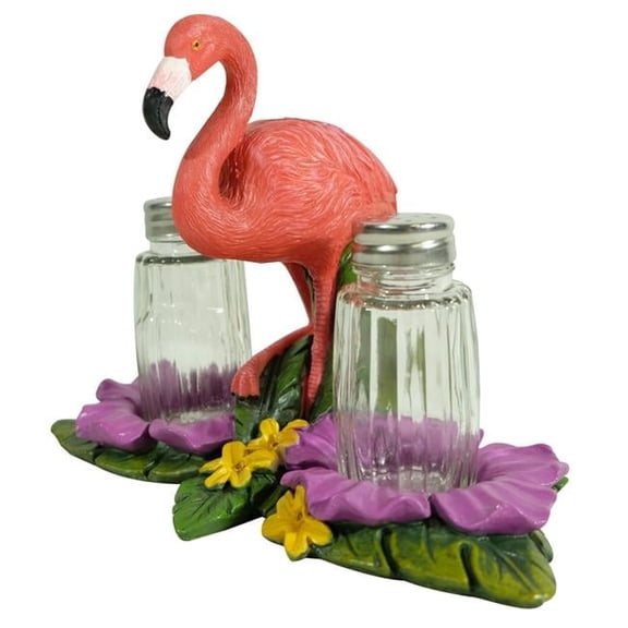 Tropical Flamingo Salt and Pepper Shaker Holder Set - Multi-Color - 3-Piece - Hand-Painted