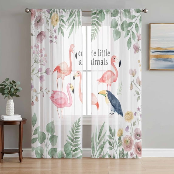 Tropical Flamingo Sheer Curtains 96 Inch Length 2 Panels Set, Summer Botanical Plants Pink Windflowers Voile Window Treatment Semi Sheer Long Curtains Drapes for Bedroom/Living Room/Kitchen 52"x96"x2
