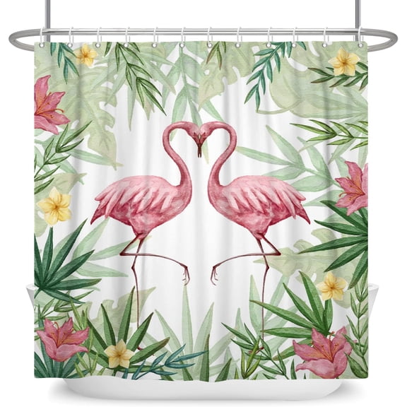 Tropical Flamingo Shower Curtain Pink Bird Bathroom Curtain Modern Green Leaf Flower Floral Plant Animals Shower Curtain Set with Hooks for Bathroom, 36" Wx72 L, Pink Green