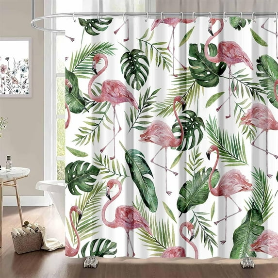Tropical Flamingo Shower Curtain for Bathroom, Modern Green Palm Leaf Aesthetic Heavy Duty Textured Fabric Bathroom Shower Curtains,72x72 Inch