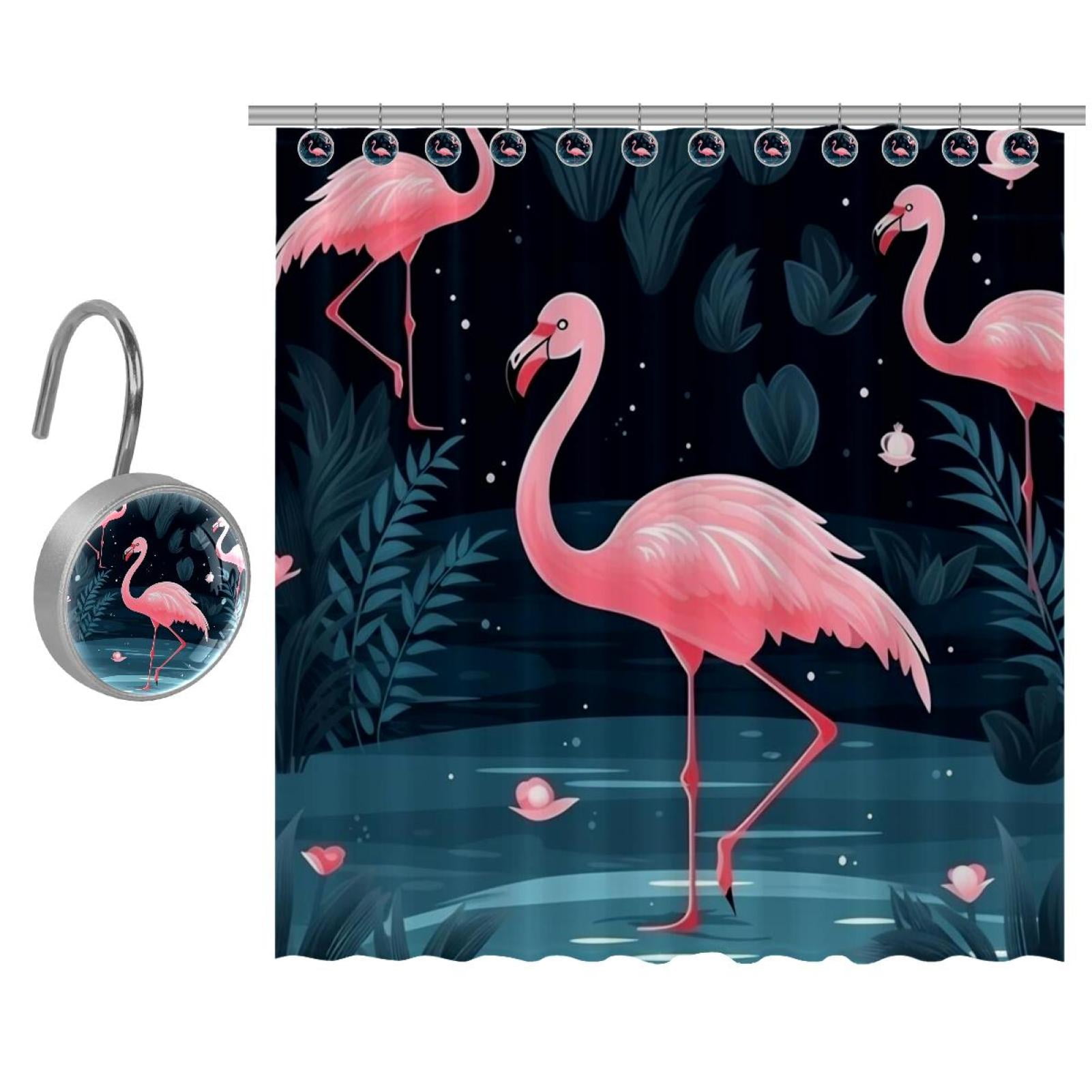 Tropical Flamingo Shower Curtain with 12 Hooks, Waterproof Fabric