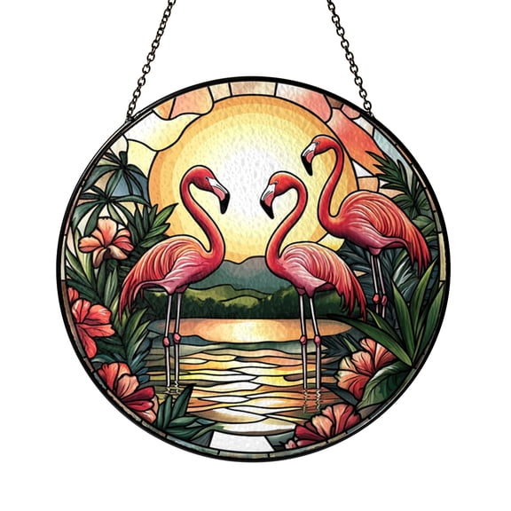 Tropical Flamingo Stained Glass Style Window Hanging, Decorative Nature Art