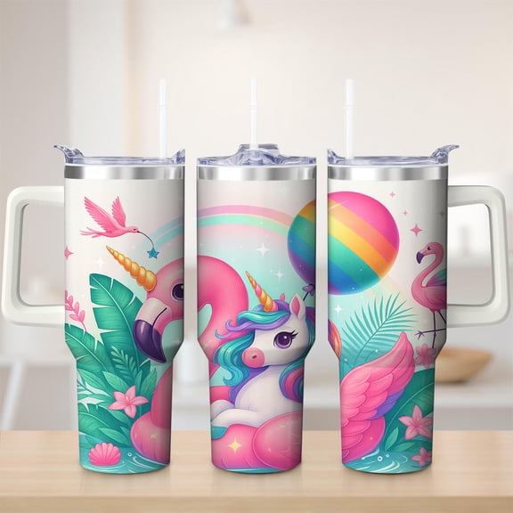 Tropical Flamingo Unicorn Stainless Steel Insulated Mug with Lid and Handle, 30oz