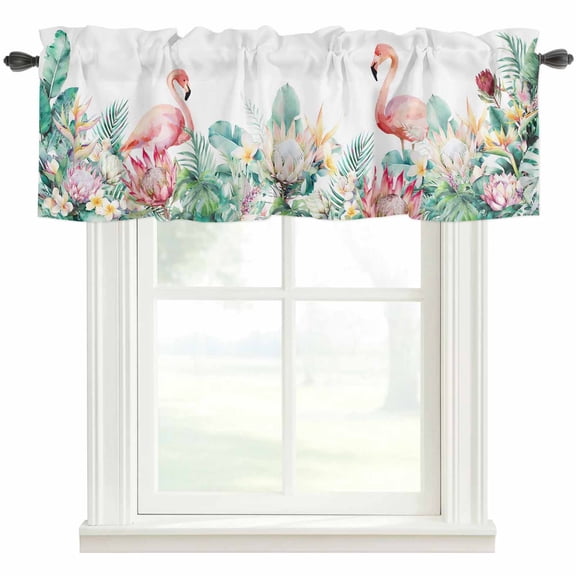 Tropical Flamingo Valances for Windows Farmhouse Kitchen Curtains Valances Rod Pocket Valance Curtains for Windows Botanical Summer Watercolor Flower Plant Valances for Bathroom Bedroom 60"x18"