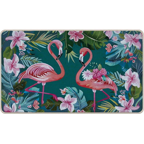 Tropical Flamingo Welcome Front Door Mat, Hibiscus Flower Botanical Decorative Doormat Non-Slip Floor Entryway Rug, Plant Leaves Low Profile Indoor Outdoor Home Kitchen Decoration 17x29 Inches