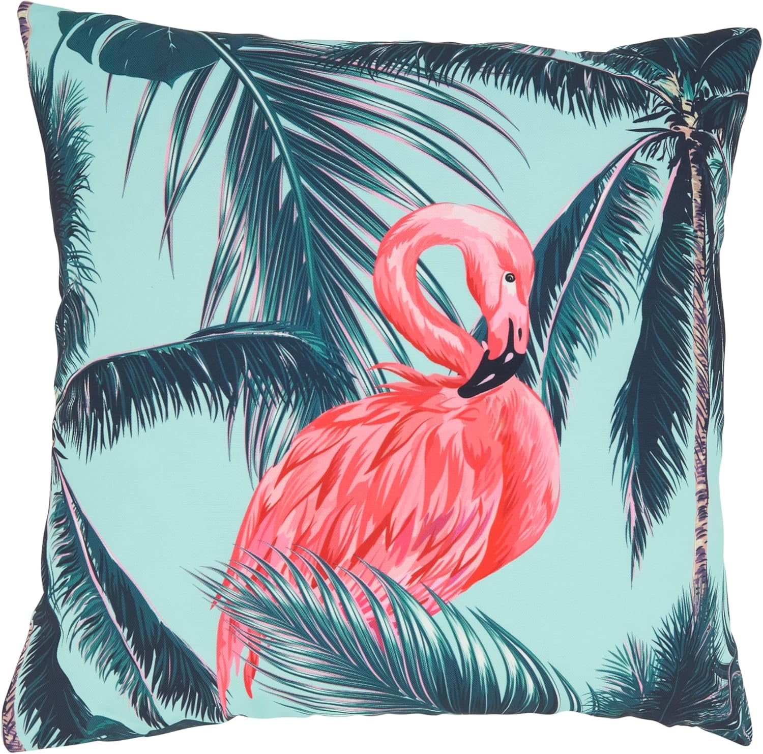 Tropical Flamingo and Palm Tree Polyester Outdoor Pillow, 18" x 18", Blue