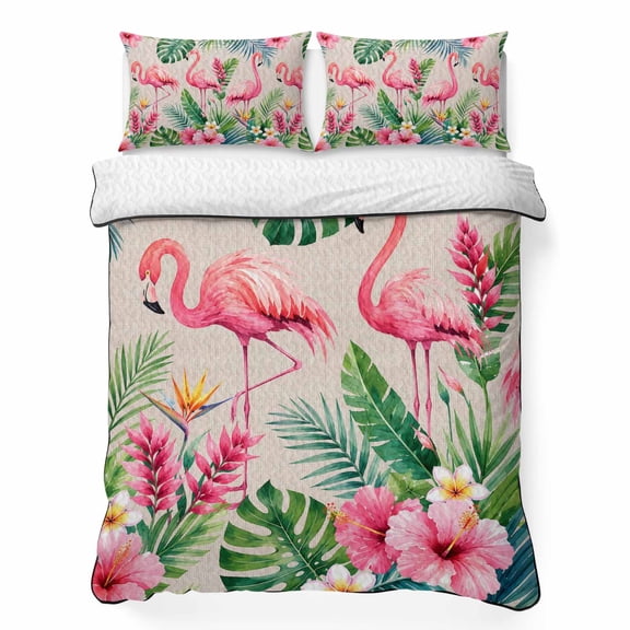 Tropical Flamingos 3 Piece Quilt Bedding Set with 2 Pillow Shams, Summer Vintage Rustic Monstera Leaf Pink Flower Lightweight Bedspread Coverlet, Soft Breathable All Season Quilt, 68 x 86 Inch