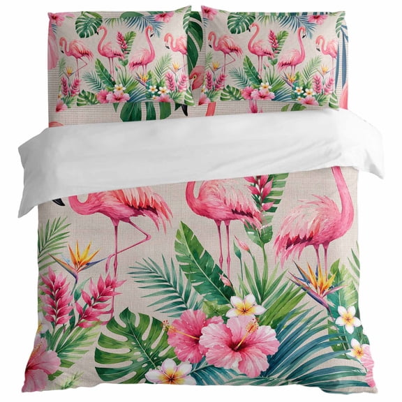 Tropical Flamingos Duvet Cover Set California King Size, Summer Vintage Rustic Monstera Leaf Pink Flower 4 Piece Bedding Set with Zipper Closure & Corner Ties Soft Breathable Comforter Cover for Bed